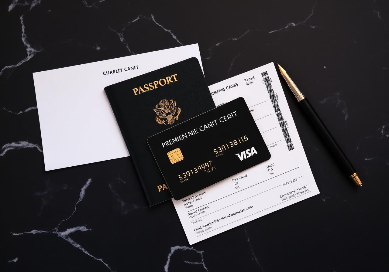 Planejamento financeiro premium com cartões e passaporte